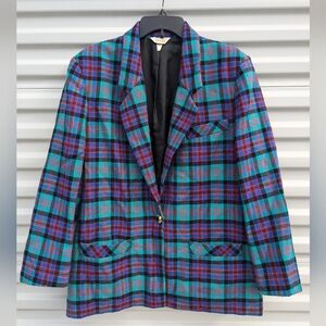 Vintage Bleyle 100% wool plaid single button blazer with shoulder pads